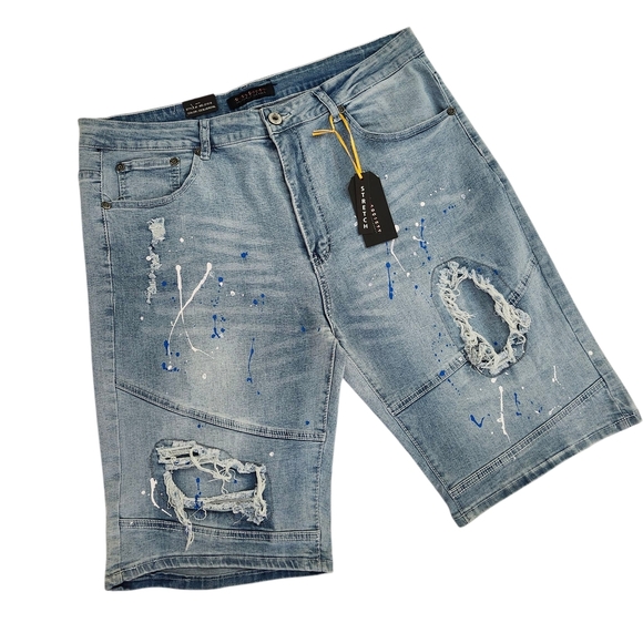 Men’s Distressed Paint Splatter Light Blue Wash Denim Shorts Size 40 - Picture 1 of 11